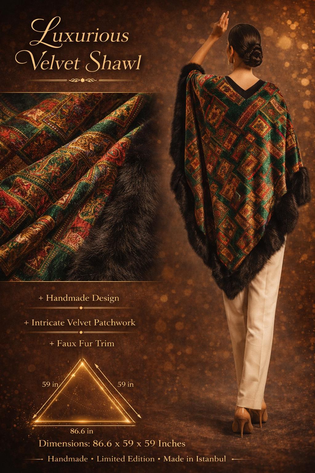 Patterned Velvet Shawl with Faux Fur Trim
