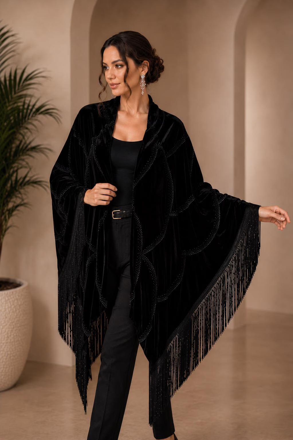 Black Velvet Shawl with Crystal Stone