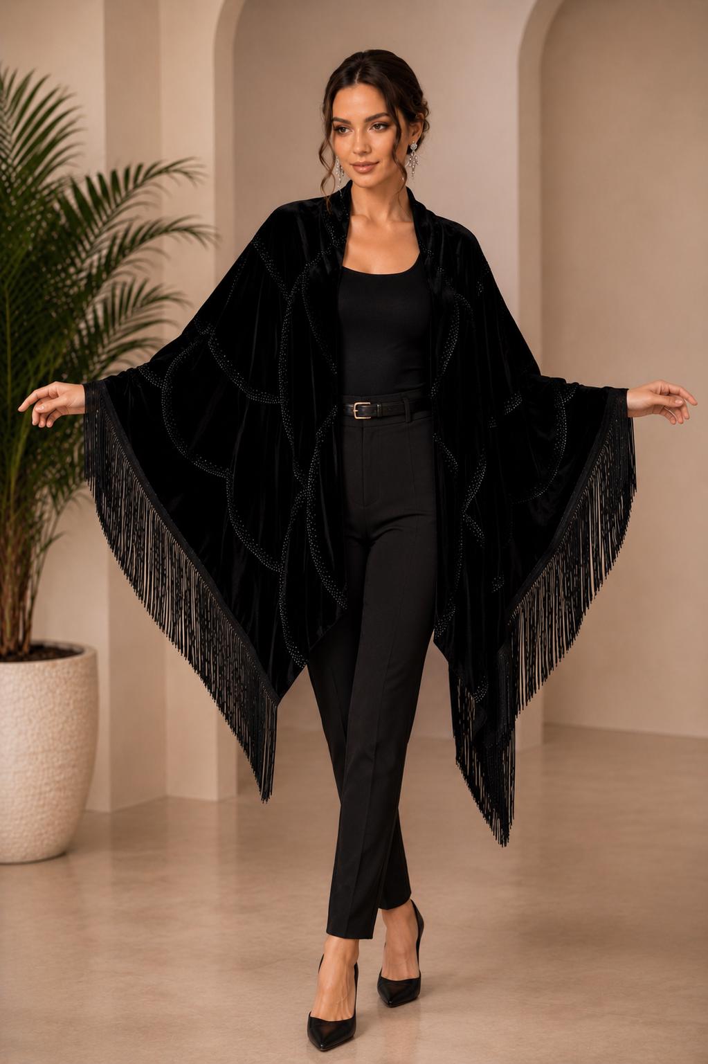 Black Velvet Shawl with Crystal Stone