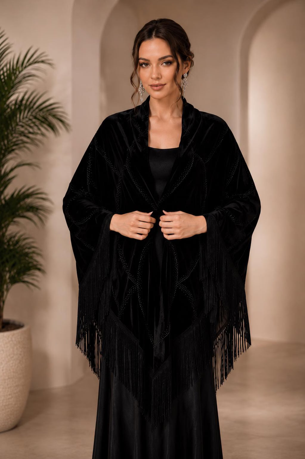 Black Velvet Shawl with Crystal Stone