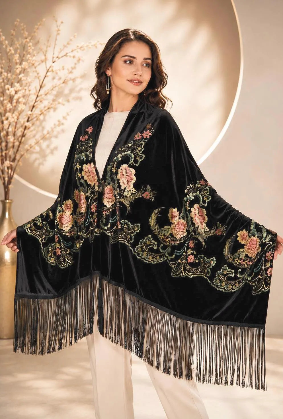 Floral Embroidery Black Velvet Shawl