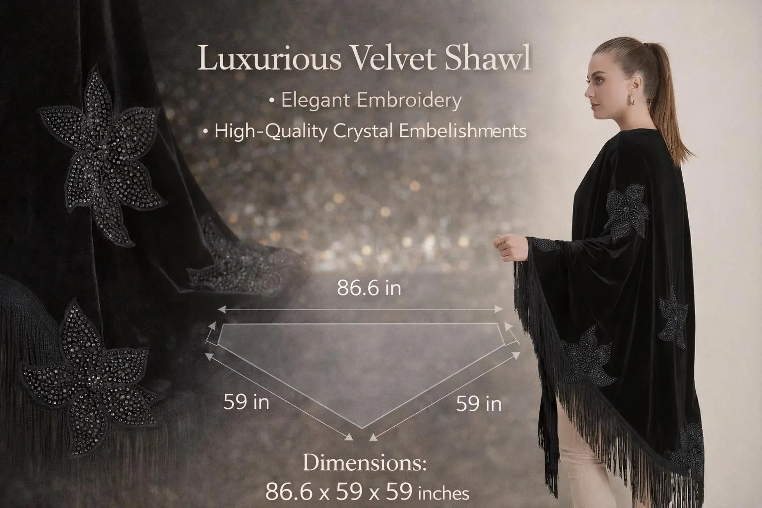 Flower Embroidery Black Shawl