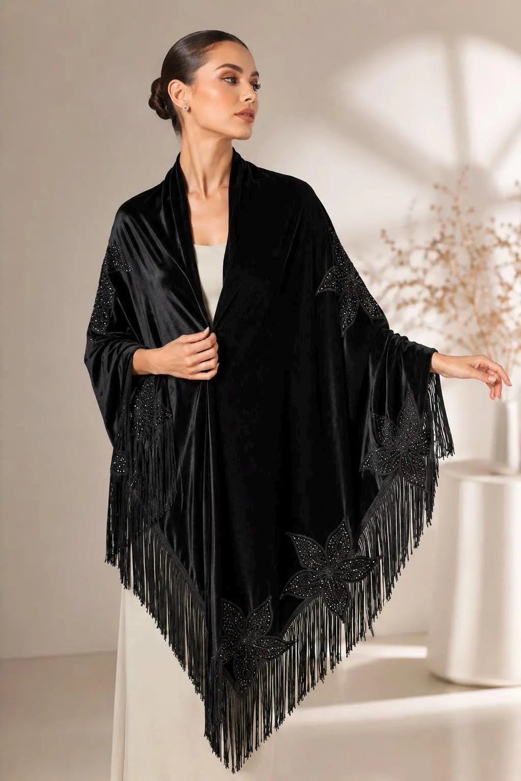 Flower Embroidery Black Shawl
