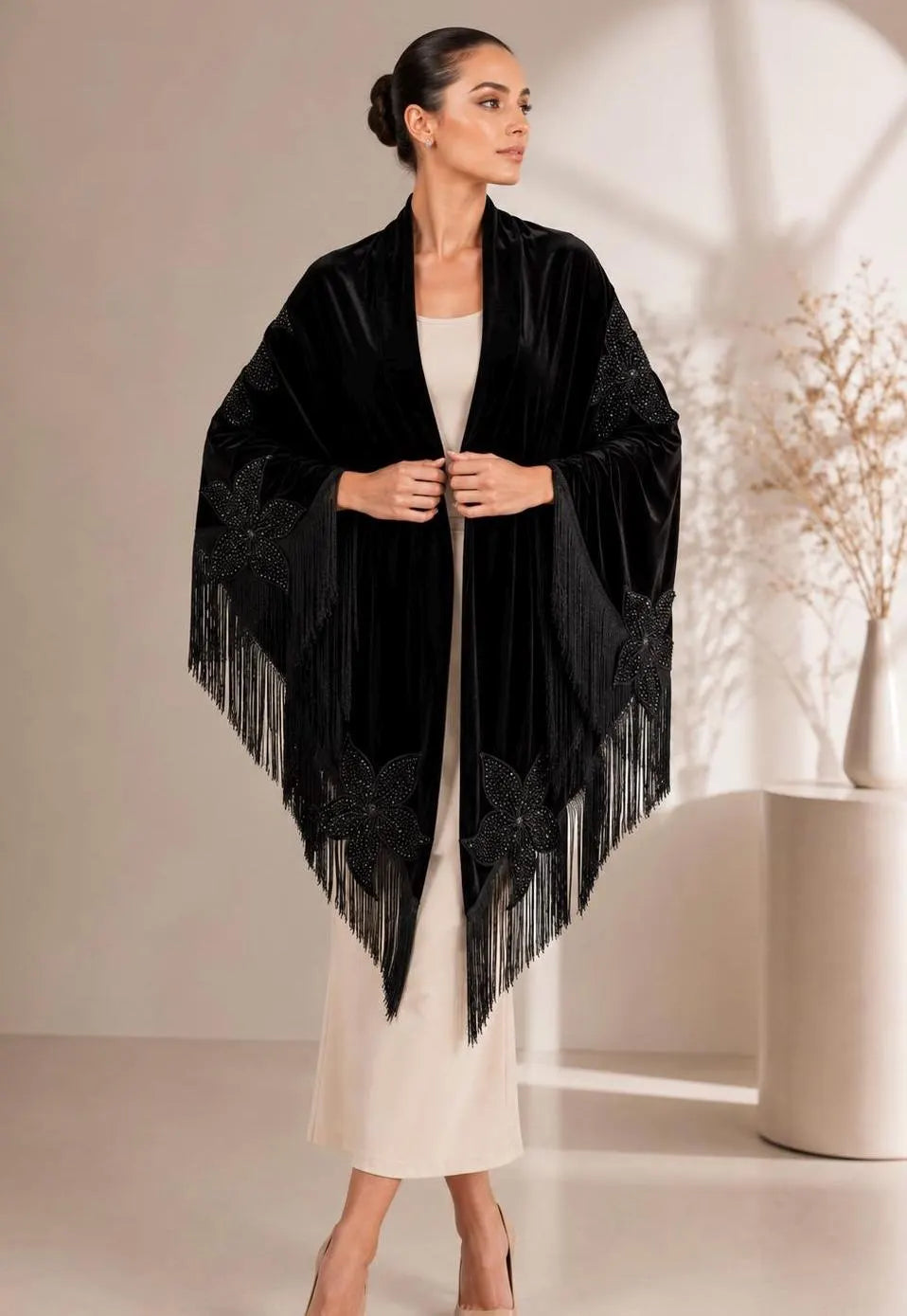 Flower Embroidery Black Shawl