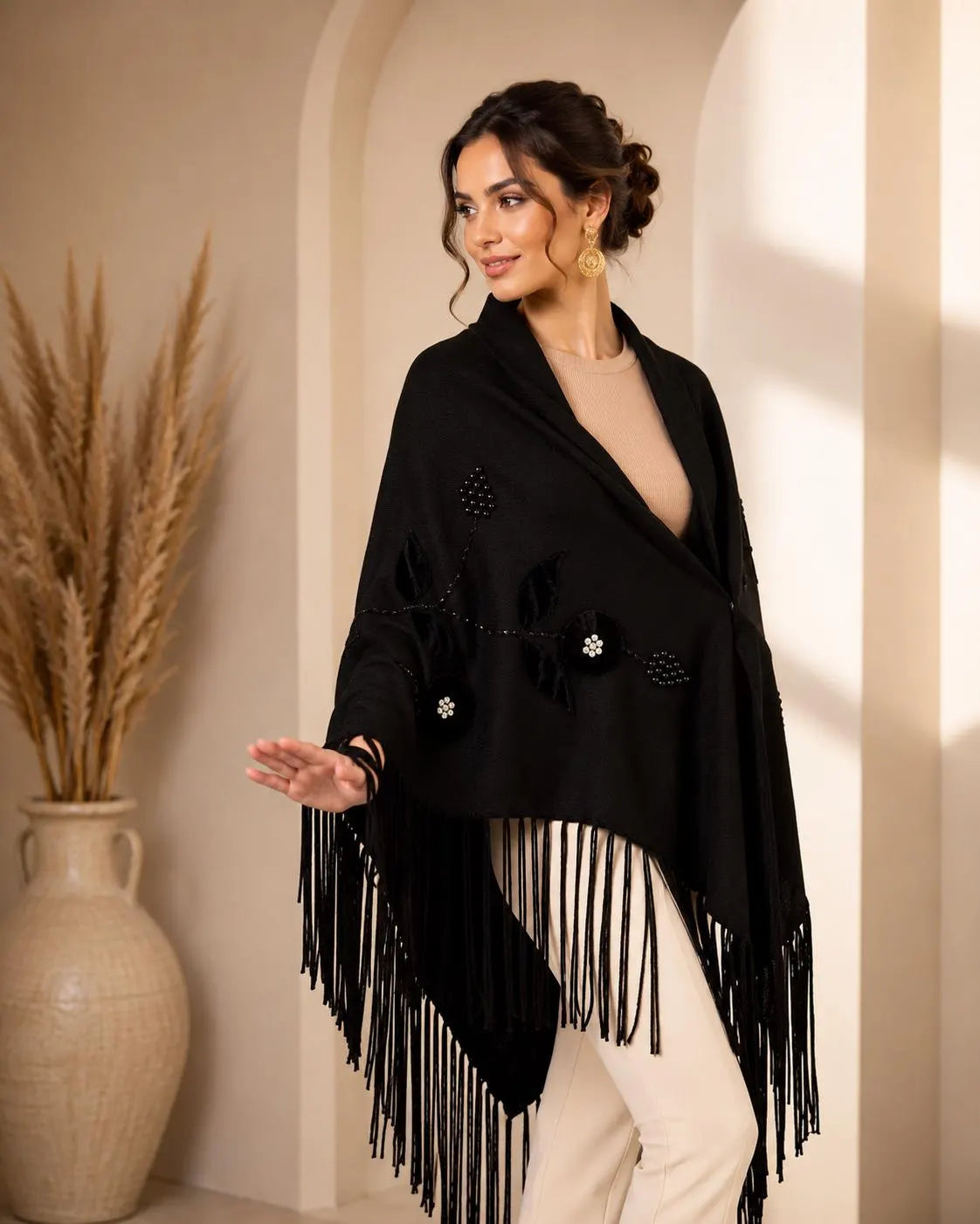 Black Wool Shawl with Velvet Floral Appliqué