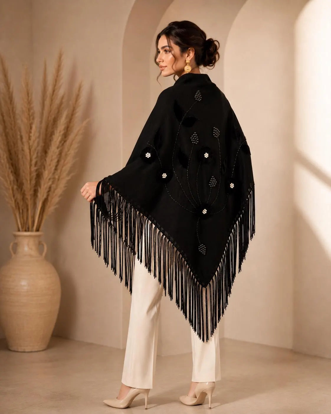 Black Wool Shawl with Velvet Floral Appliqué