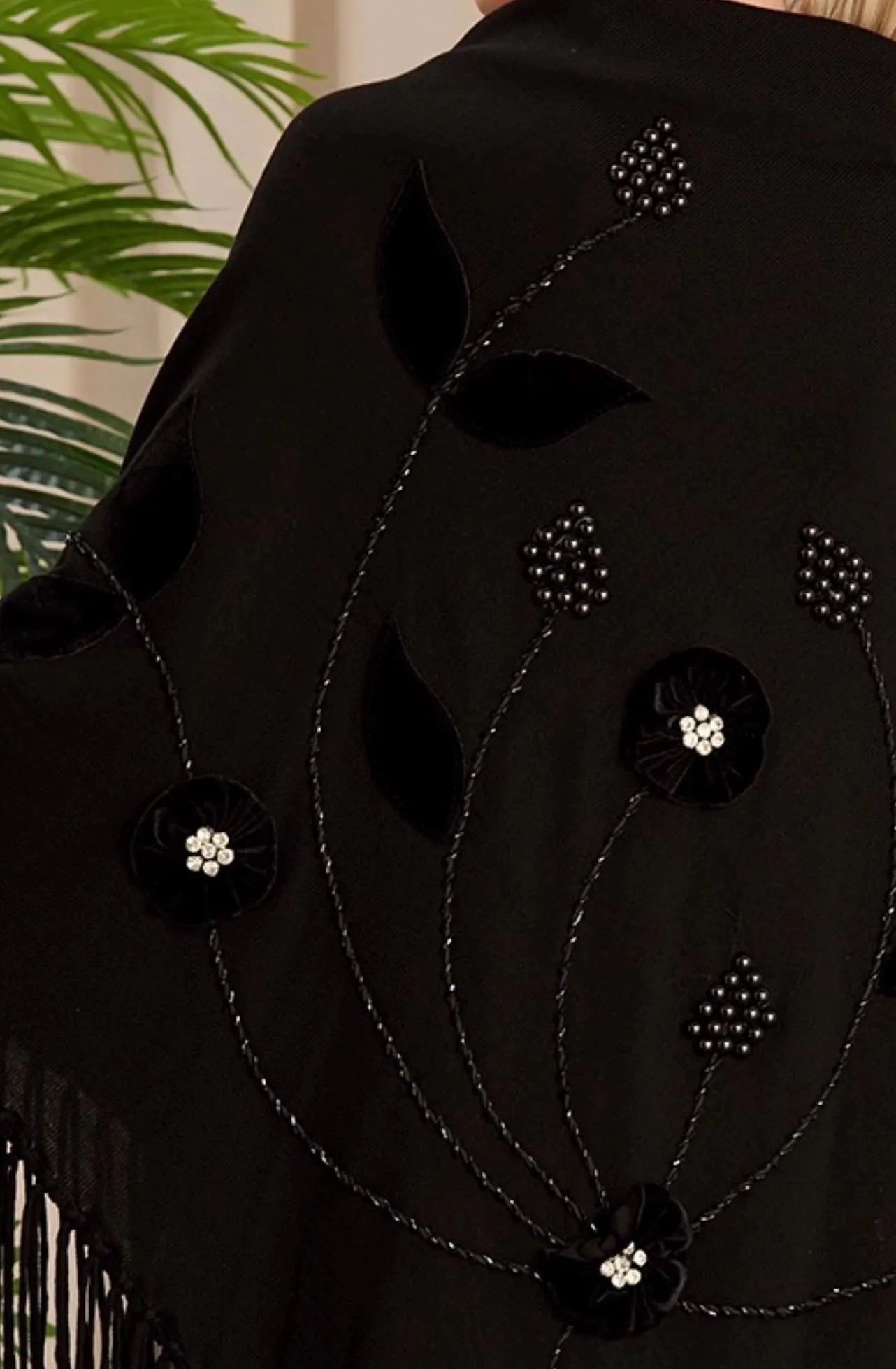 Black Wool Shawl with Velvet Floral Appliqué