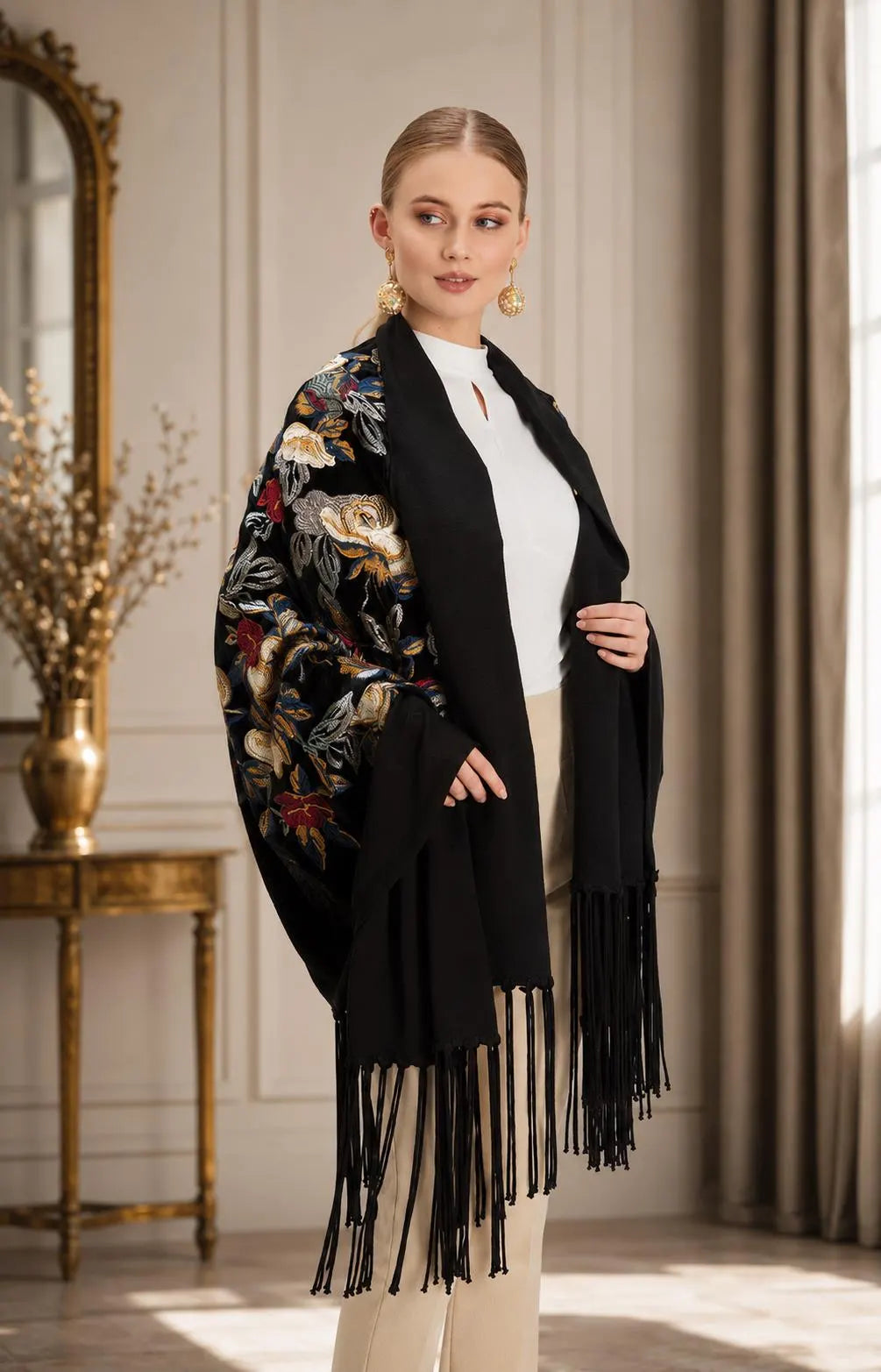 Embroidered Wool Black Floral Evening Scarf