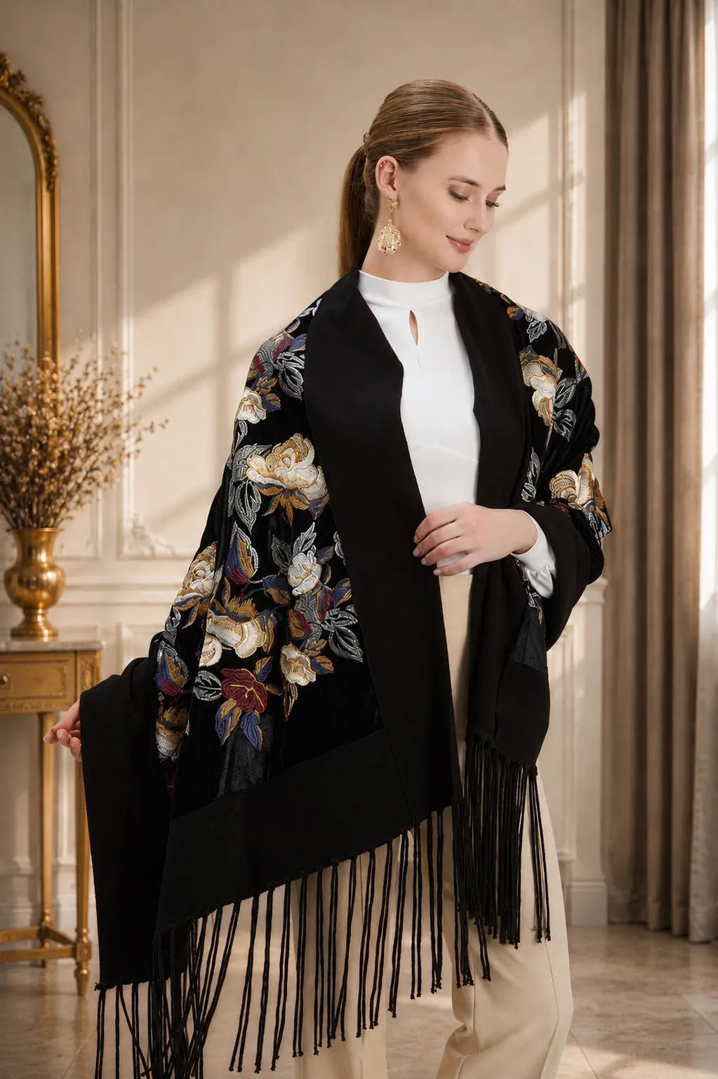 Embroidered Wool Black Floral Evening Scarf