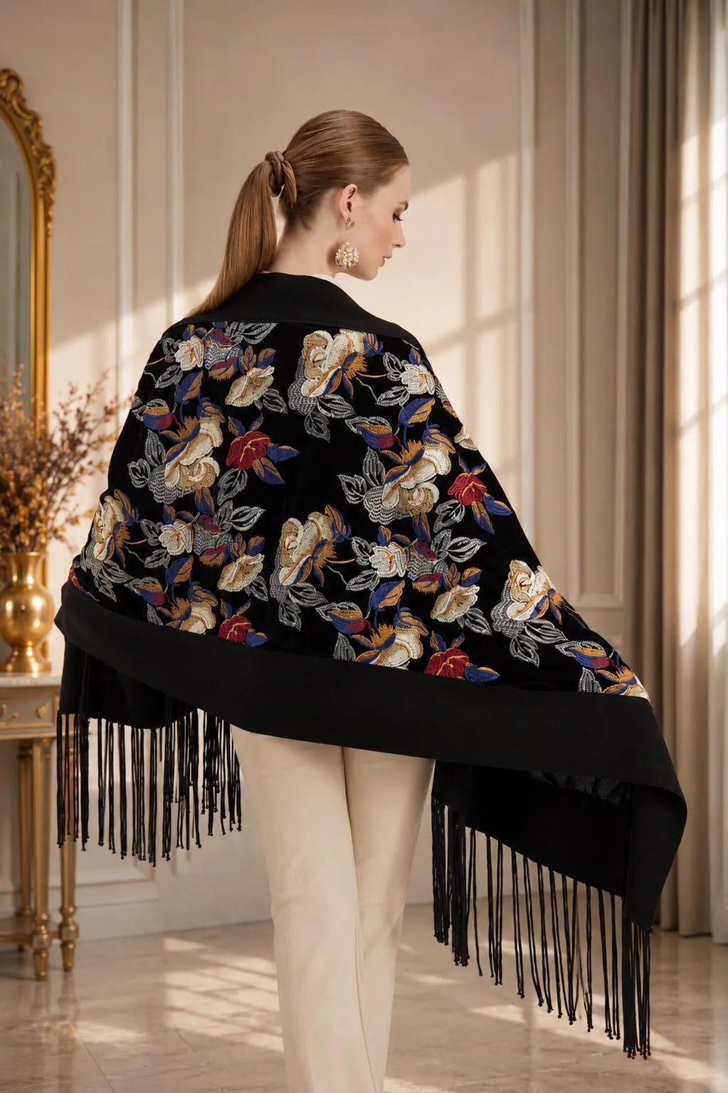 Embroidered Wool Black Floral Evening Scarf
