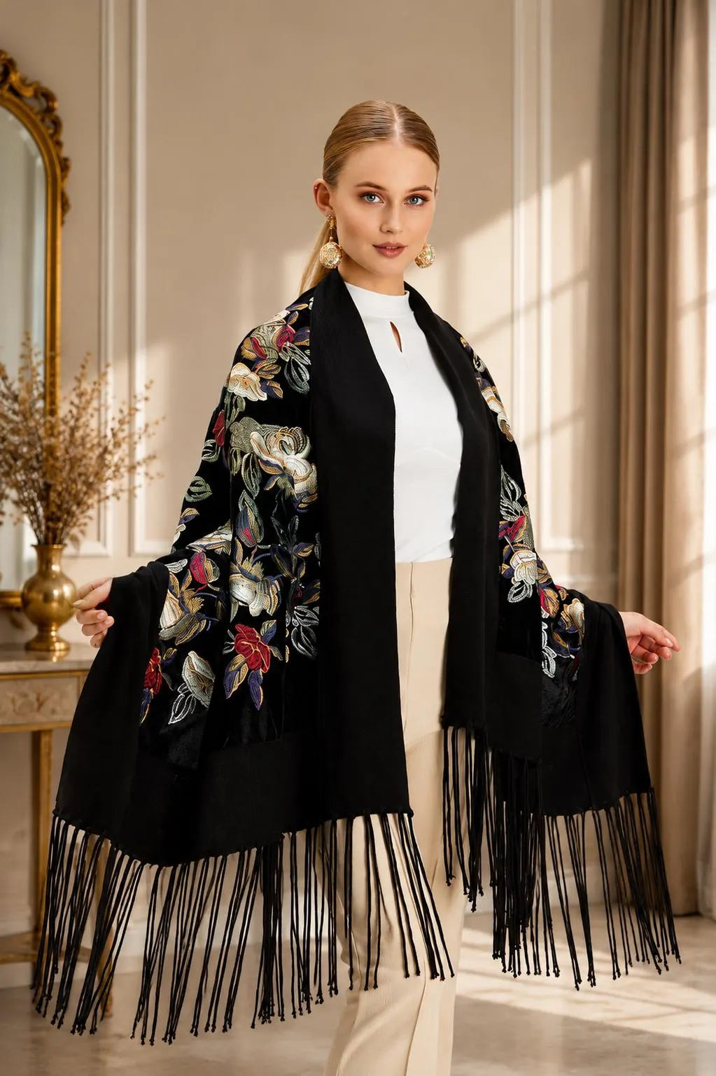 Embroidered Wool Black Floral Evening Scarf