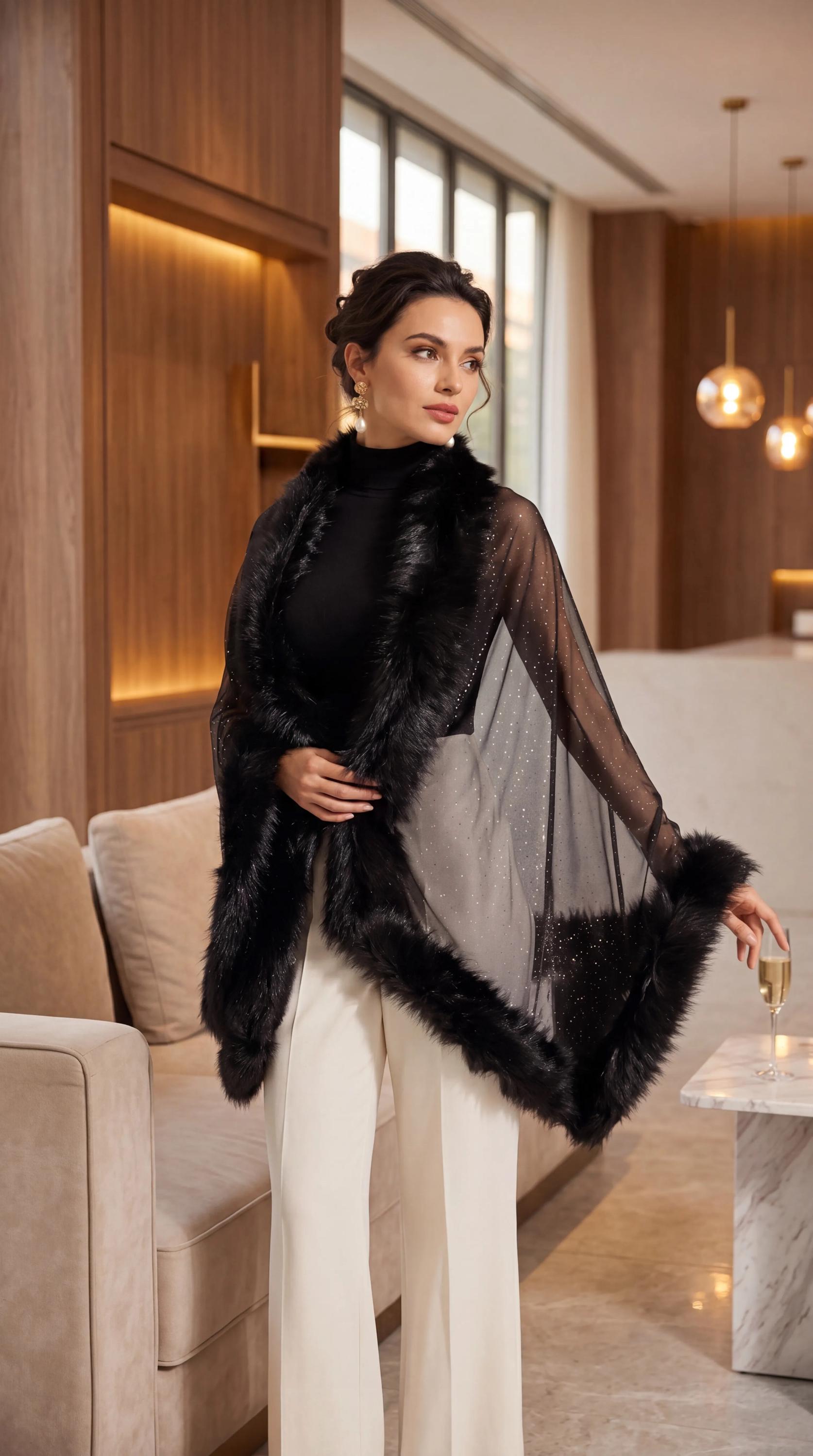 Black Faux Fur and Tulle Shawl