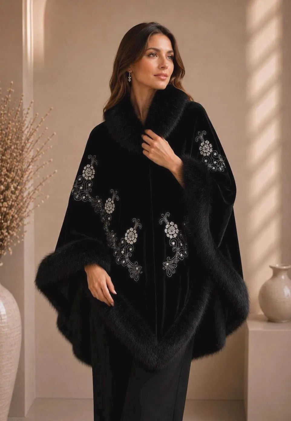 Luxury Embroidery Faux Fur Shawl