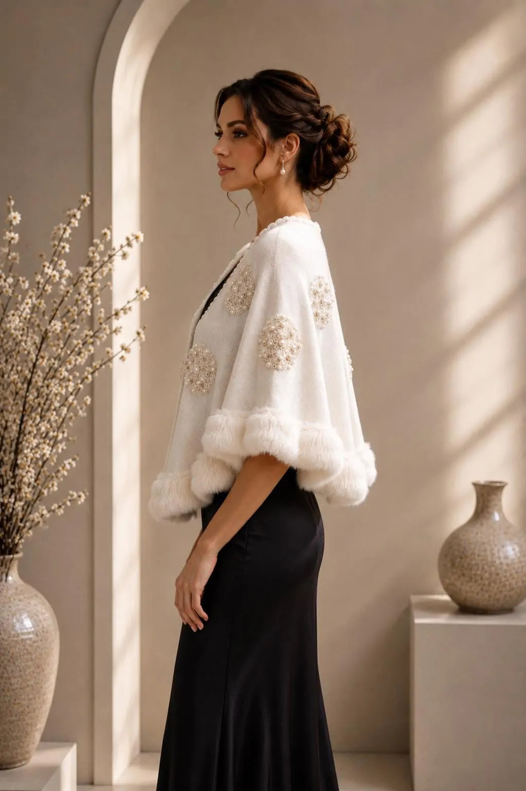 Ivory Bridal Pearl Embellished Shawl