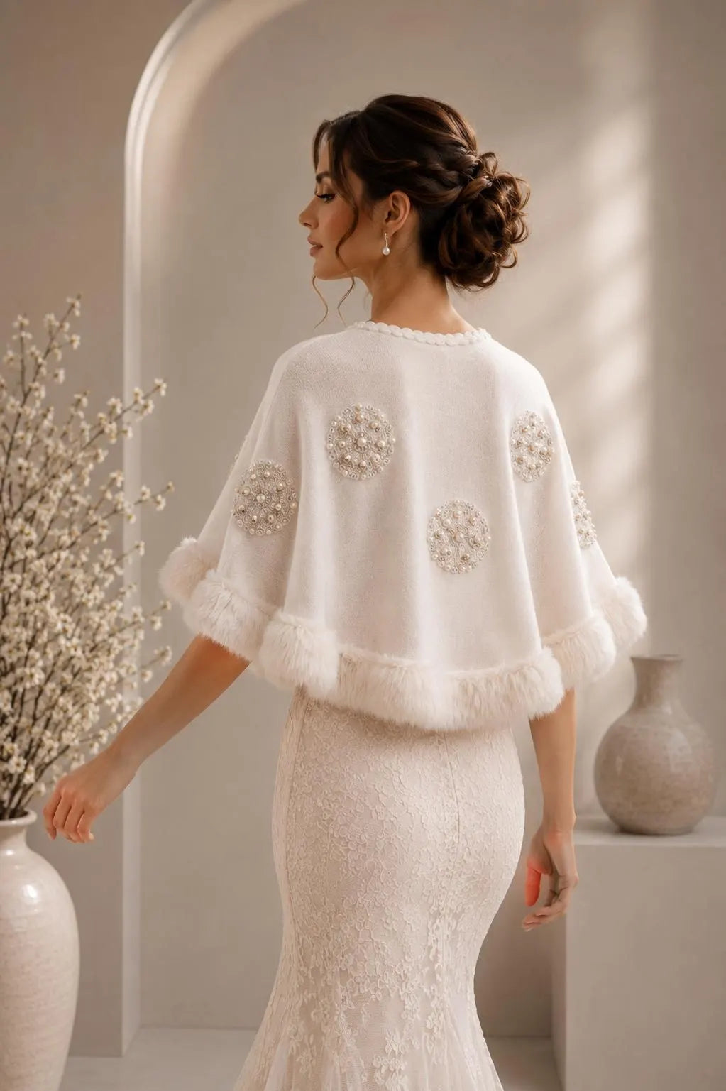 Ivory Bridal Pearl Embellished Shawl