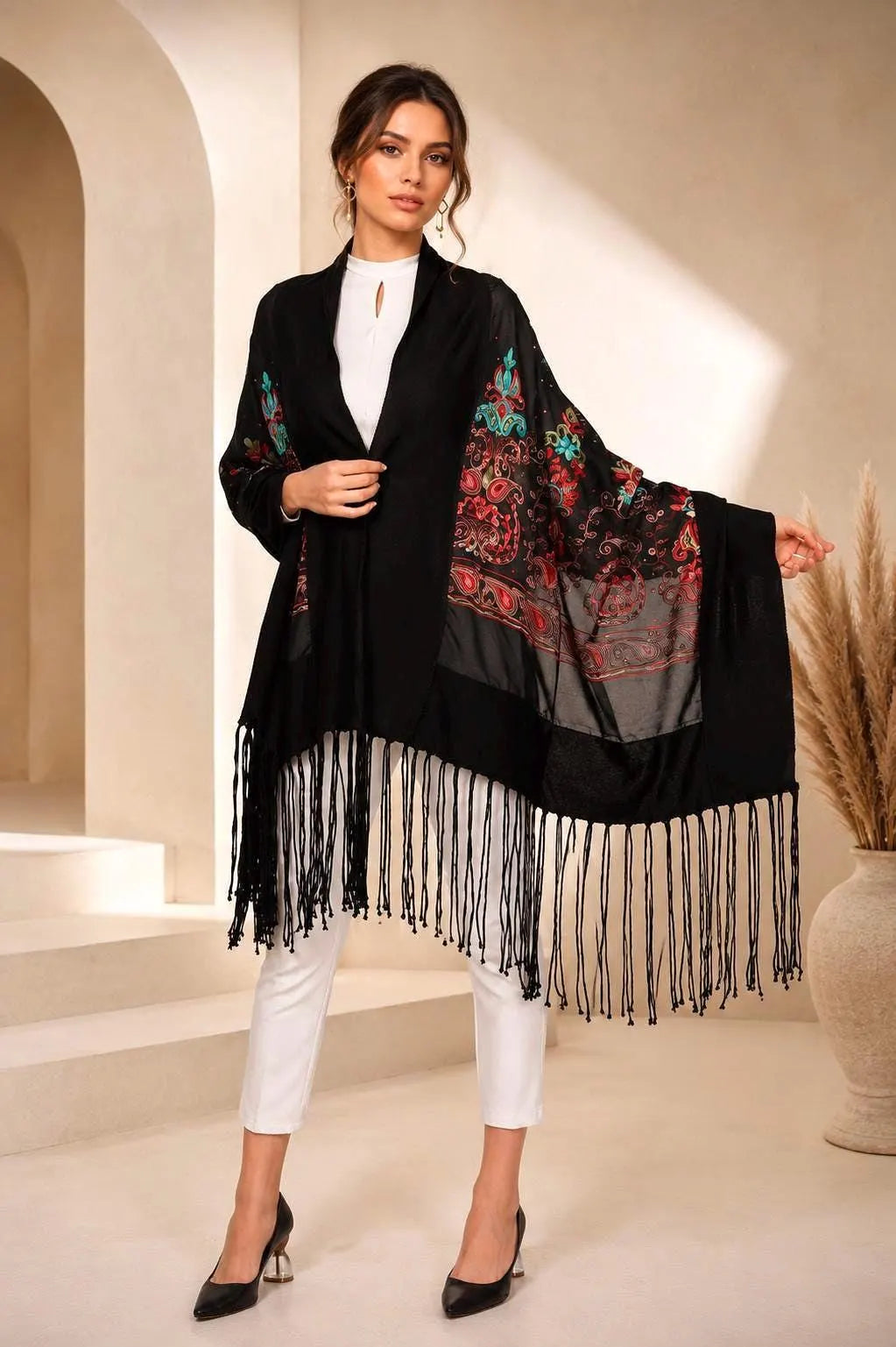Bohem Embroidered Fringe Shawl