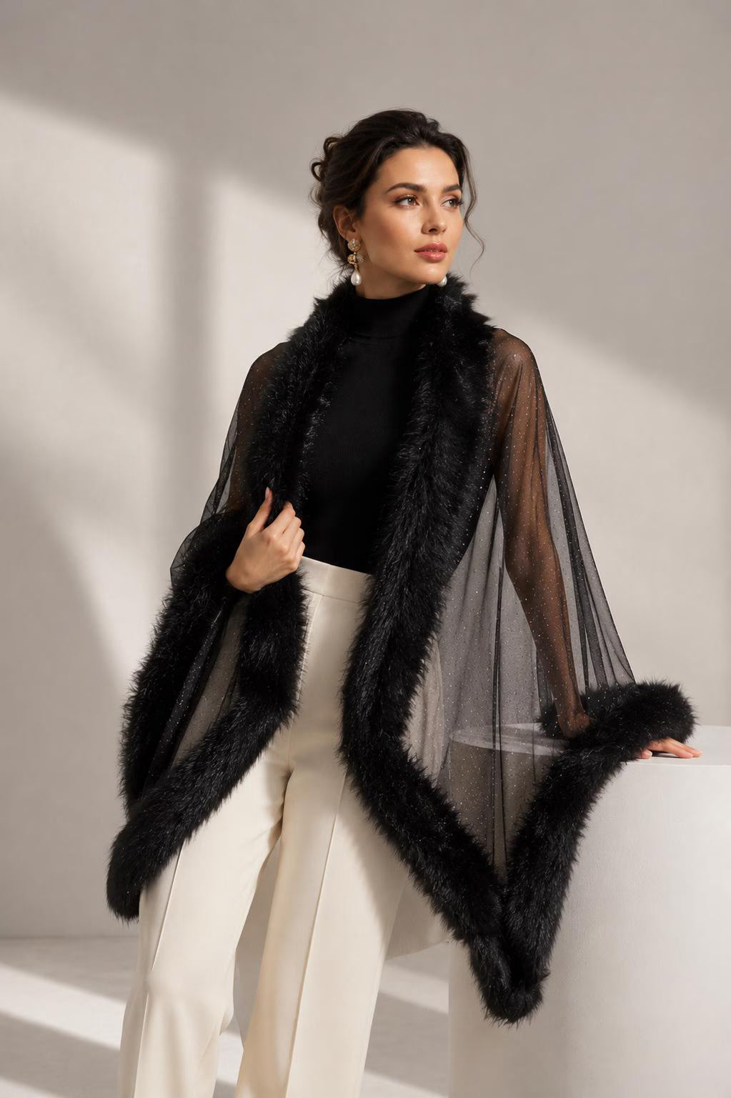 Black Faux Fur and Tulle Shawl