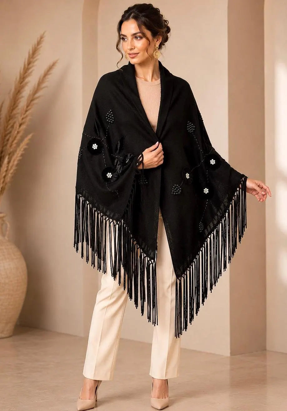Black Wool Shawl with Velvet Floral Appliqué