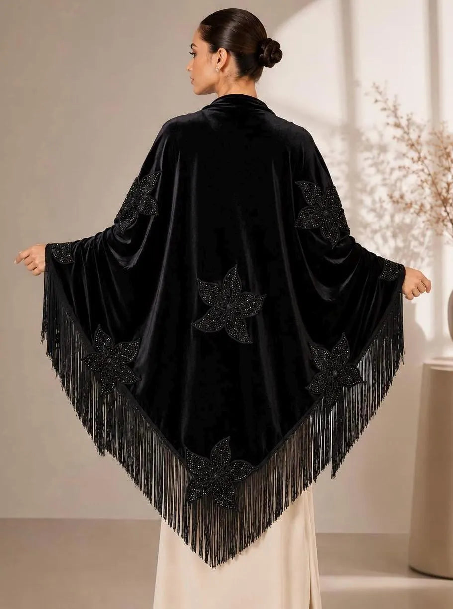 Flower Embroidery Black Shawl