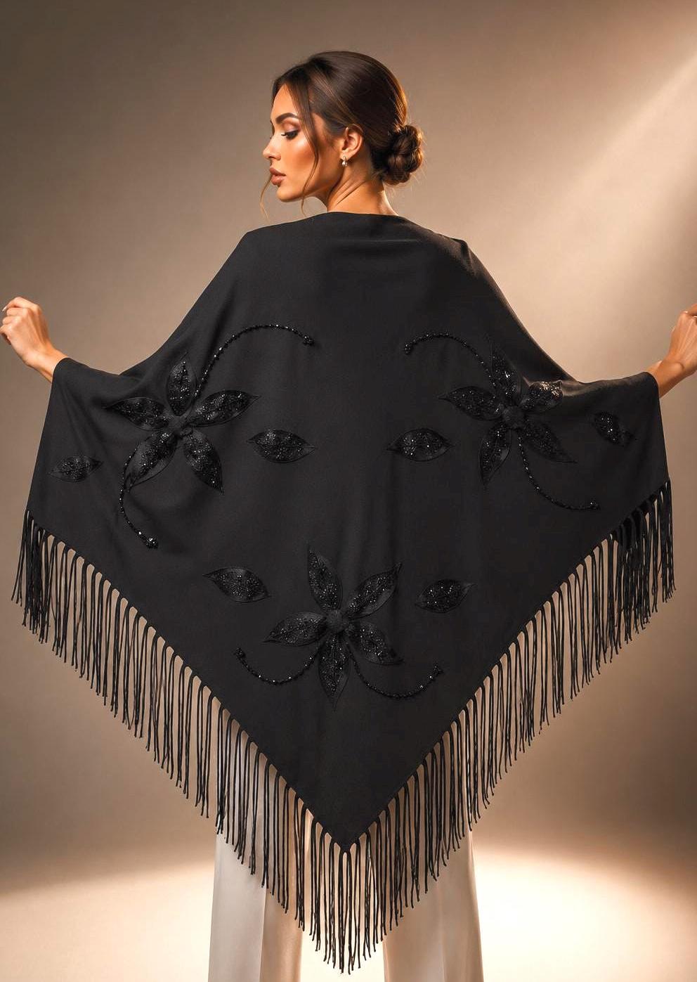 Black Knit Shawl with Handmade Crystal Embellishments
