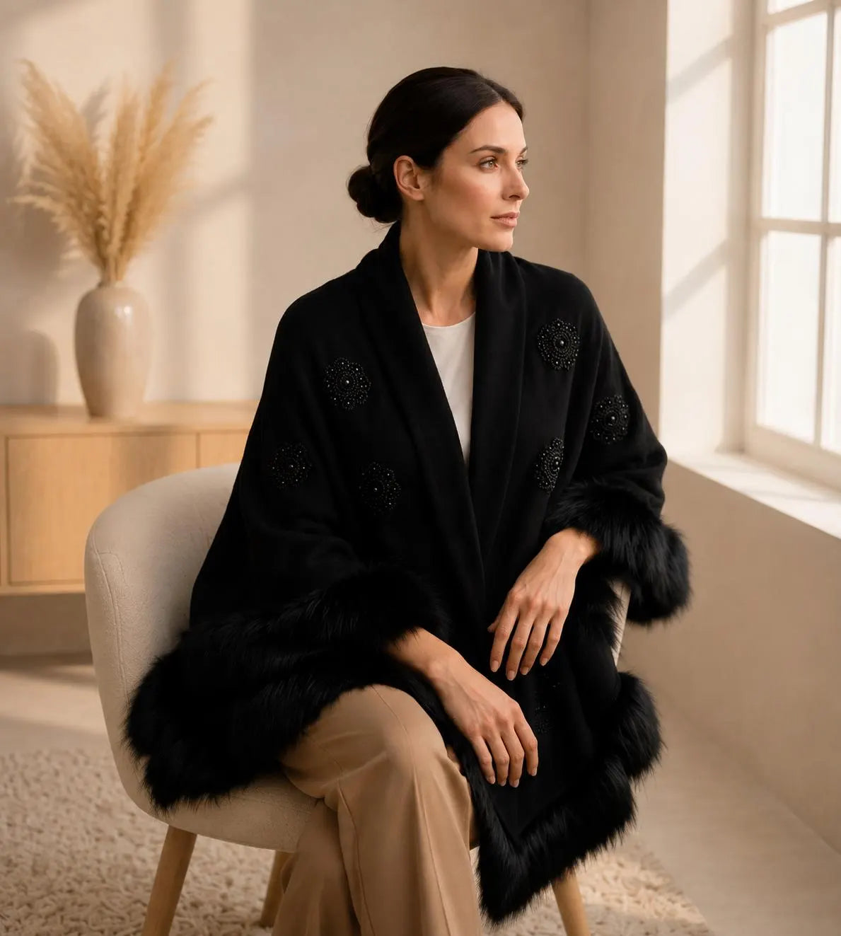 Knit Shawl, Faux Fur Trim Embroidery and Pearl Detailed
