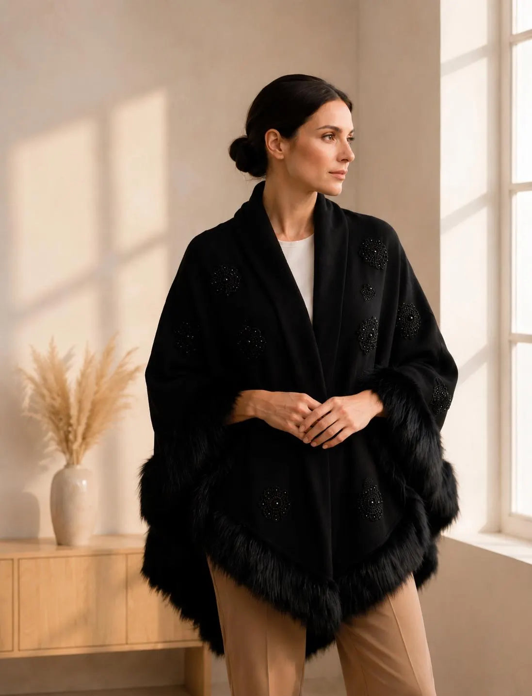 Knit Shawl, Faux Fur Trim Embroidery and Pearl Detailed
