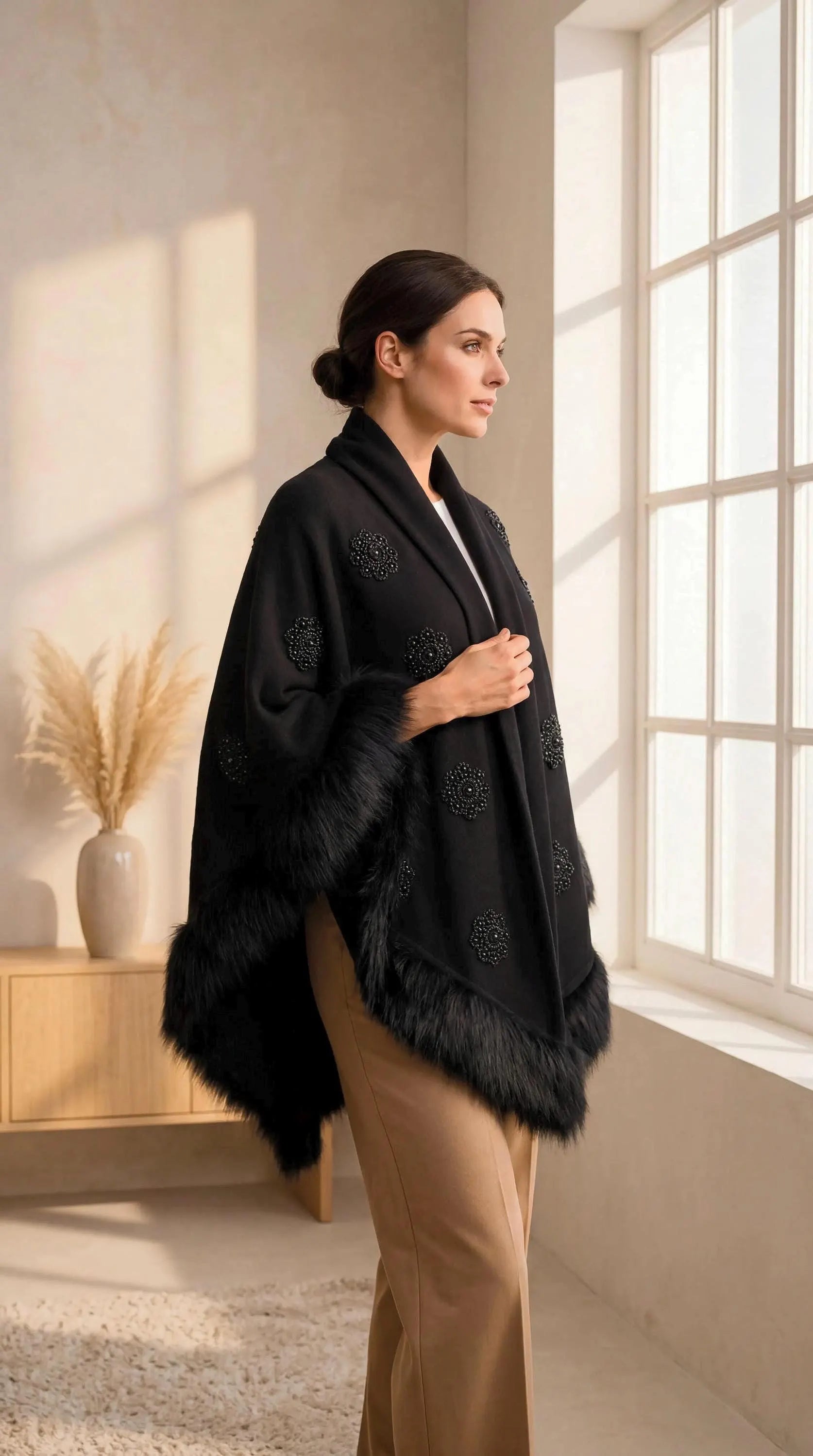 Knit Shawl, Faux Fur Trim Embroidery and Pearl Detailed
