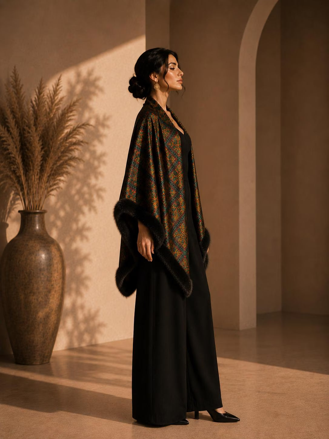 Patterned Velvet Shawl with Faux Fur Trim