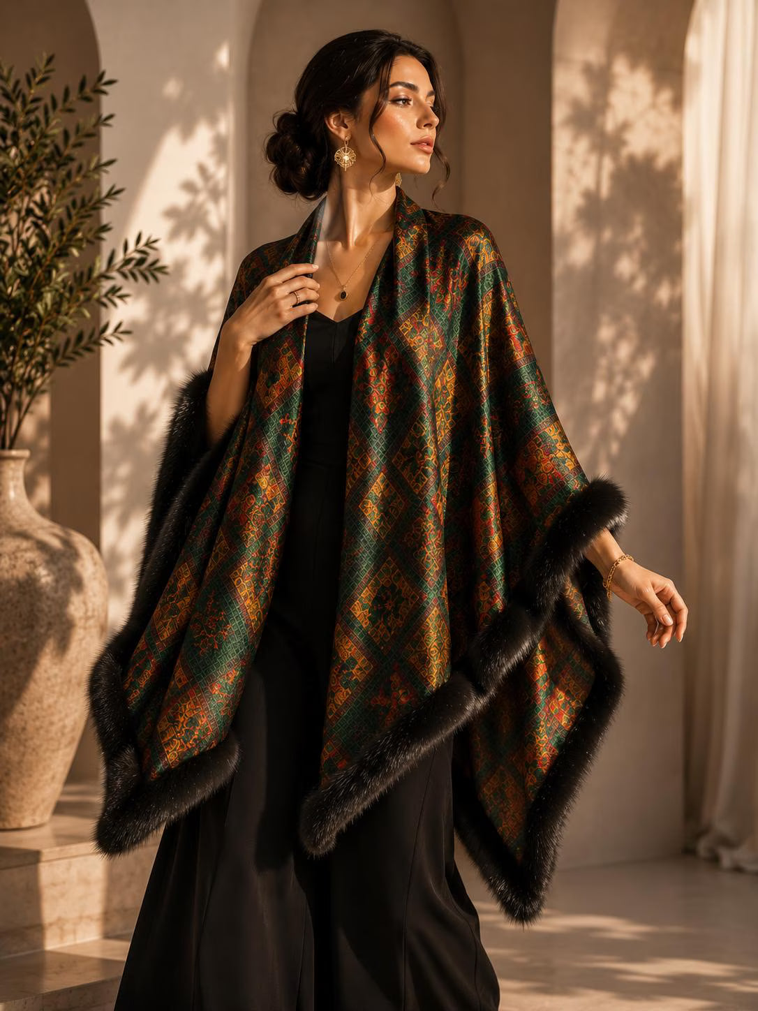 Patterned Velvet Shawl with Faux Fur Trim