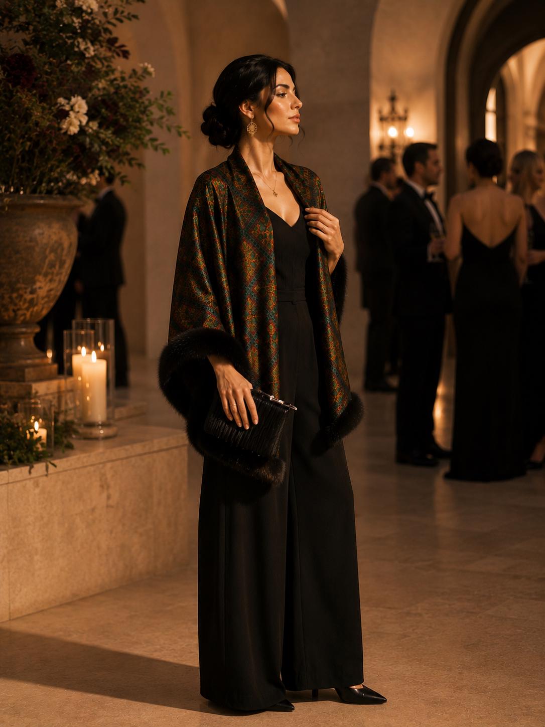 Patterned Velvet Shawl with Faux Fur Trim