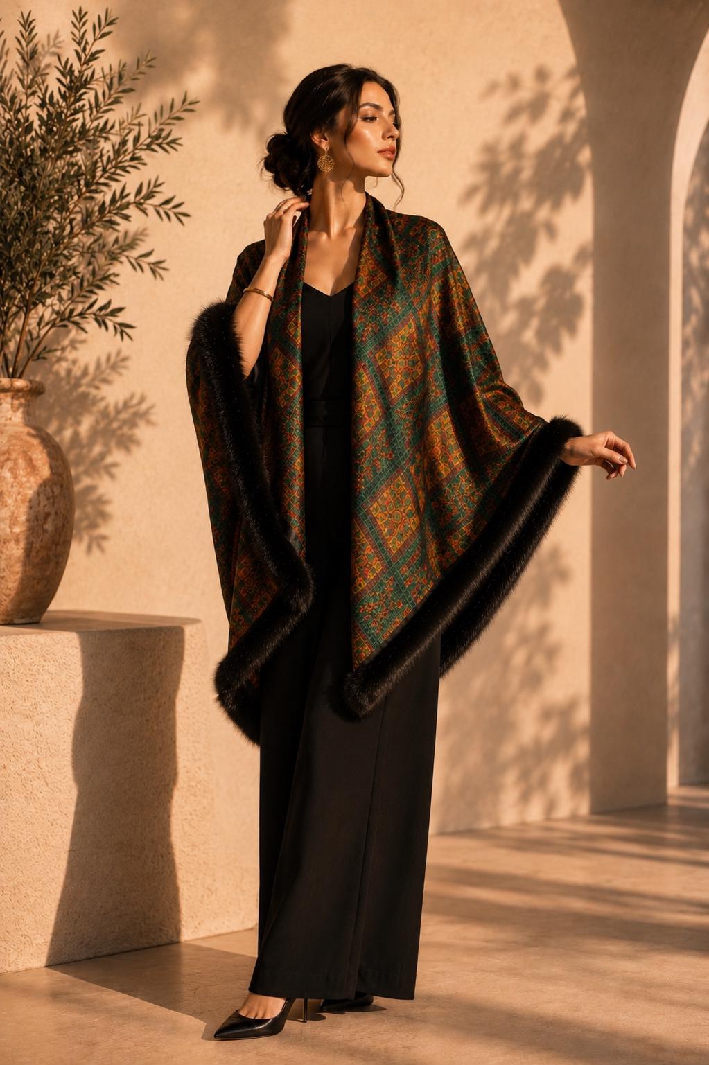 Patterned Velvet Shawl with Faux Fur Trim