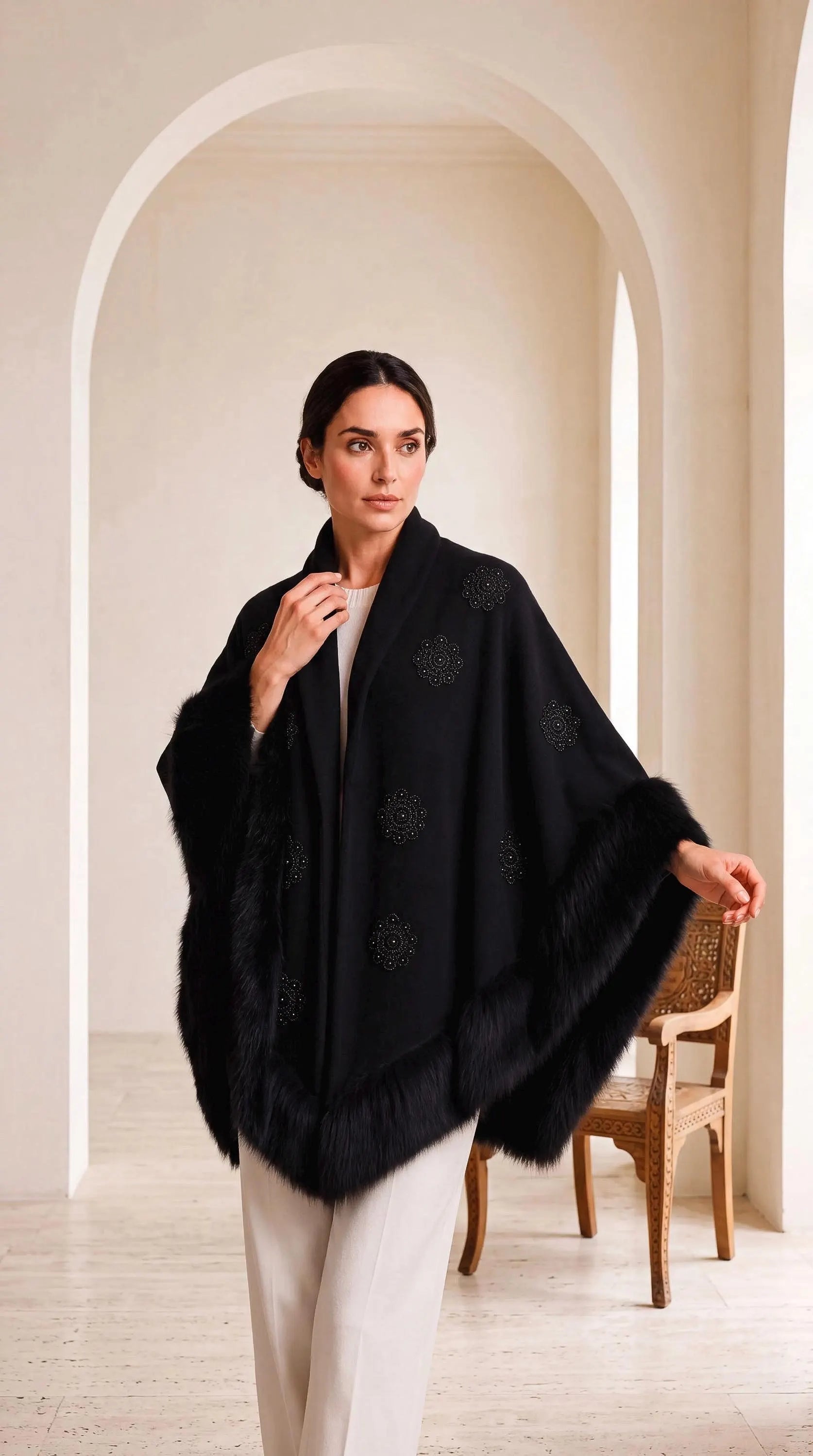 Knit Shawl, Faux Fur Trim Embroidery and Pearl Detailed