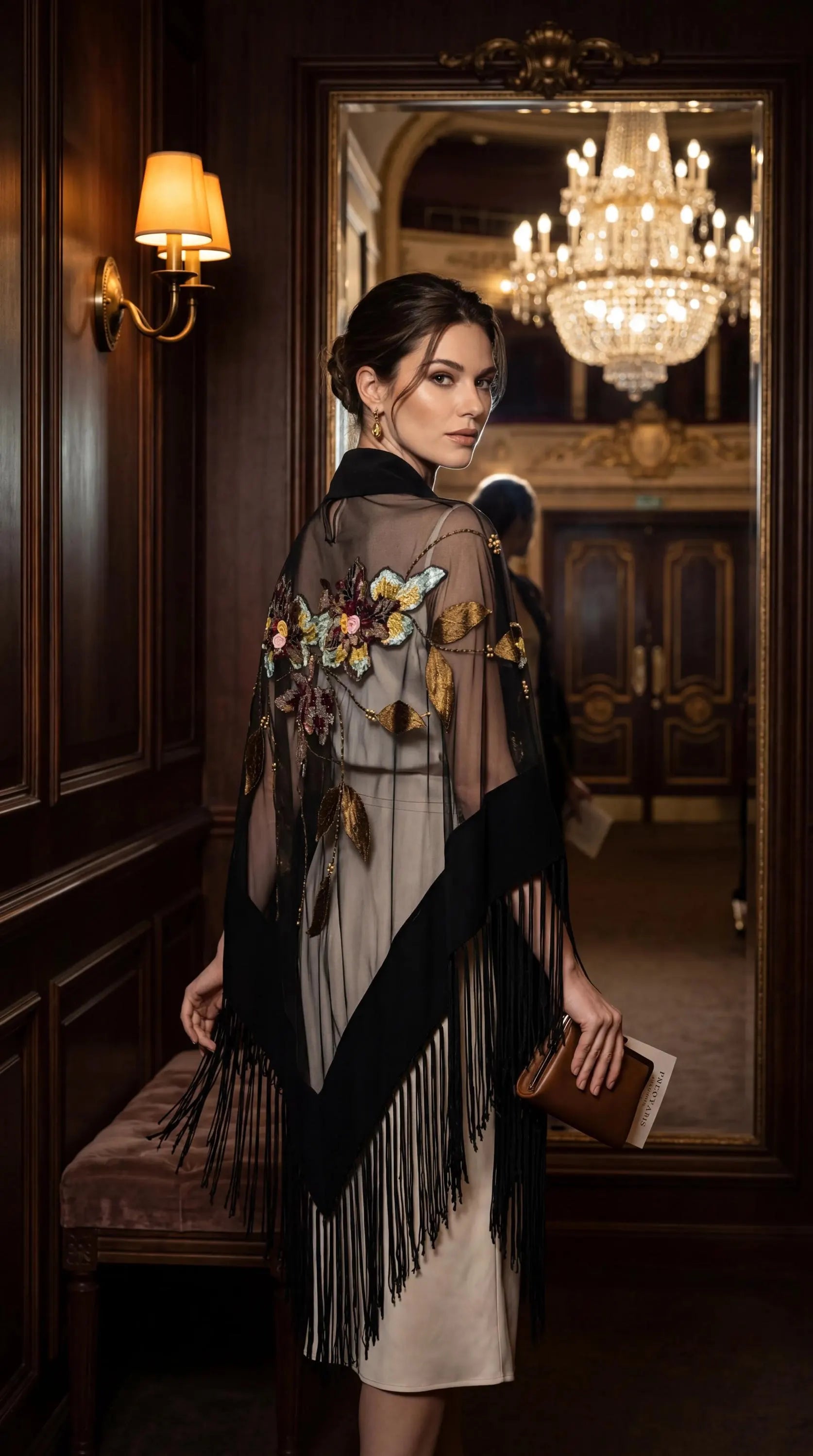 Embroidered Designer Shawl Black Wool and Tulle