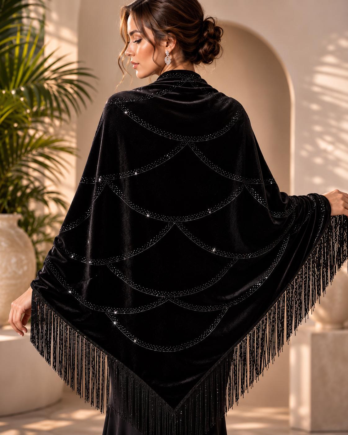 Black Velvet Shawl with Crystal Stone