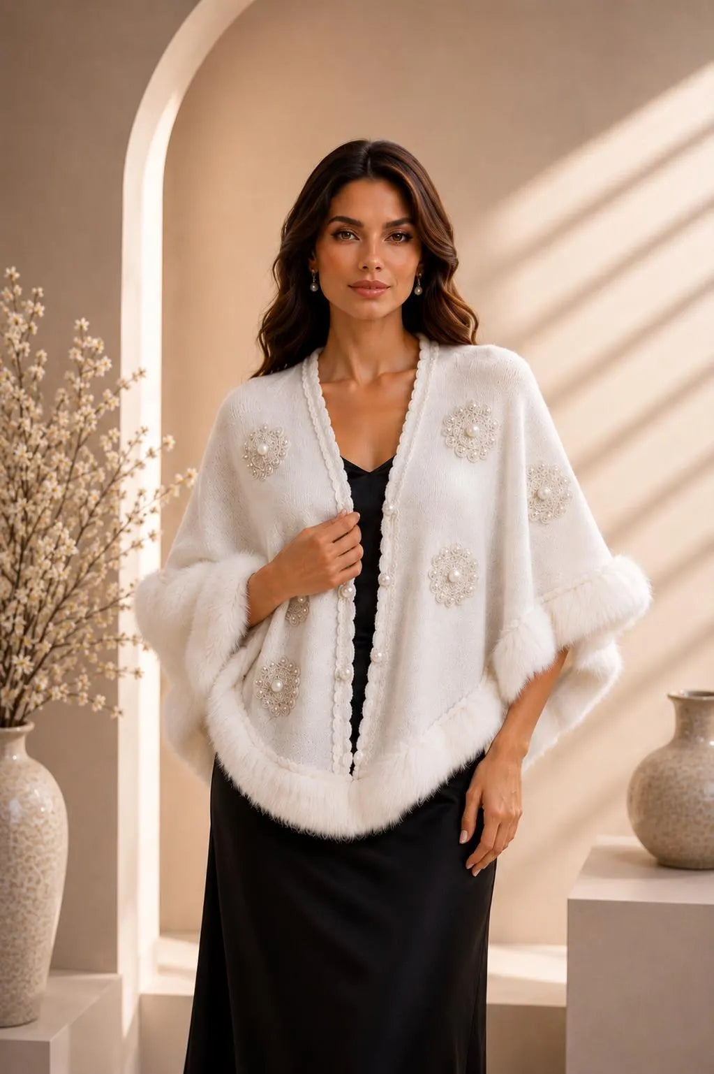 Ivory Bridal Pearl Embellished Shawl