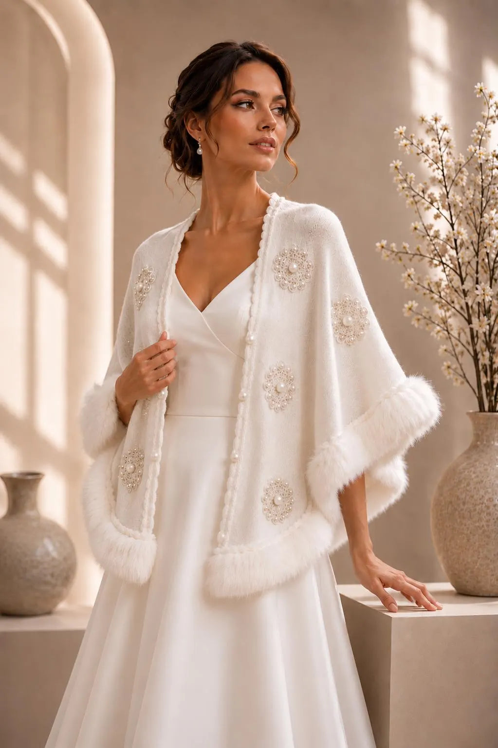 Ivory Bridal Pearl Embellished Shawl