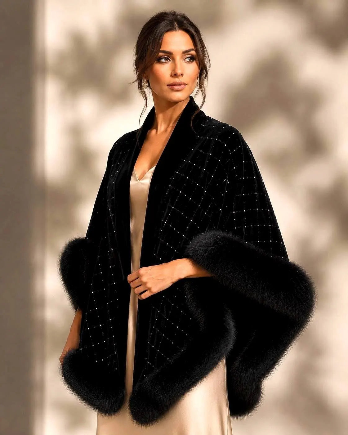Black Velvet Evening Shawl Fur Trim