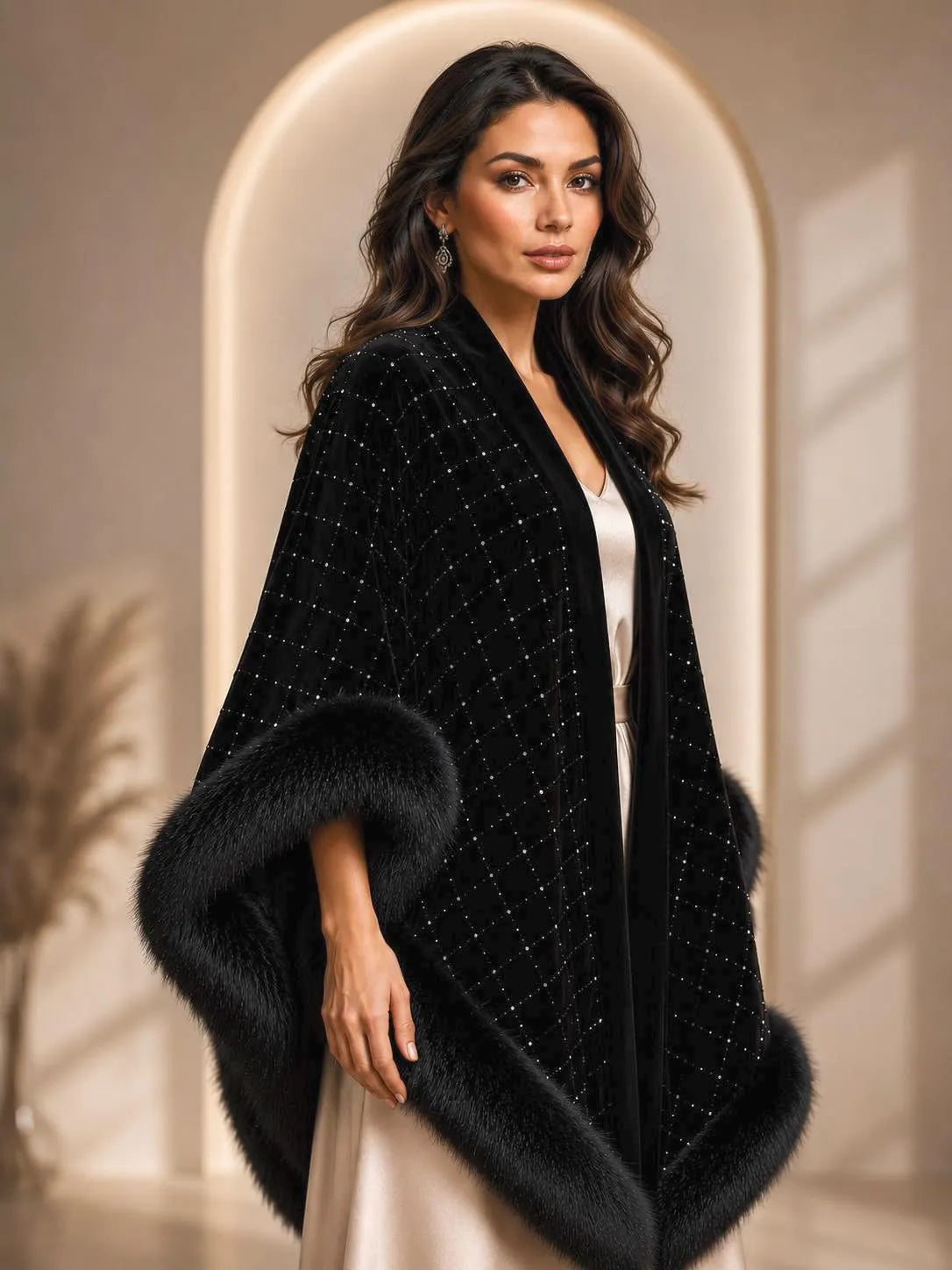 Black Velvet Evening Shawl Fur Trim
