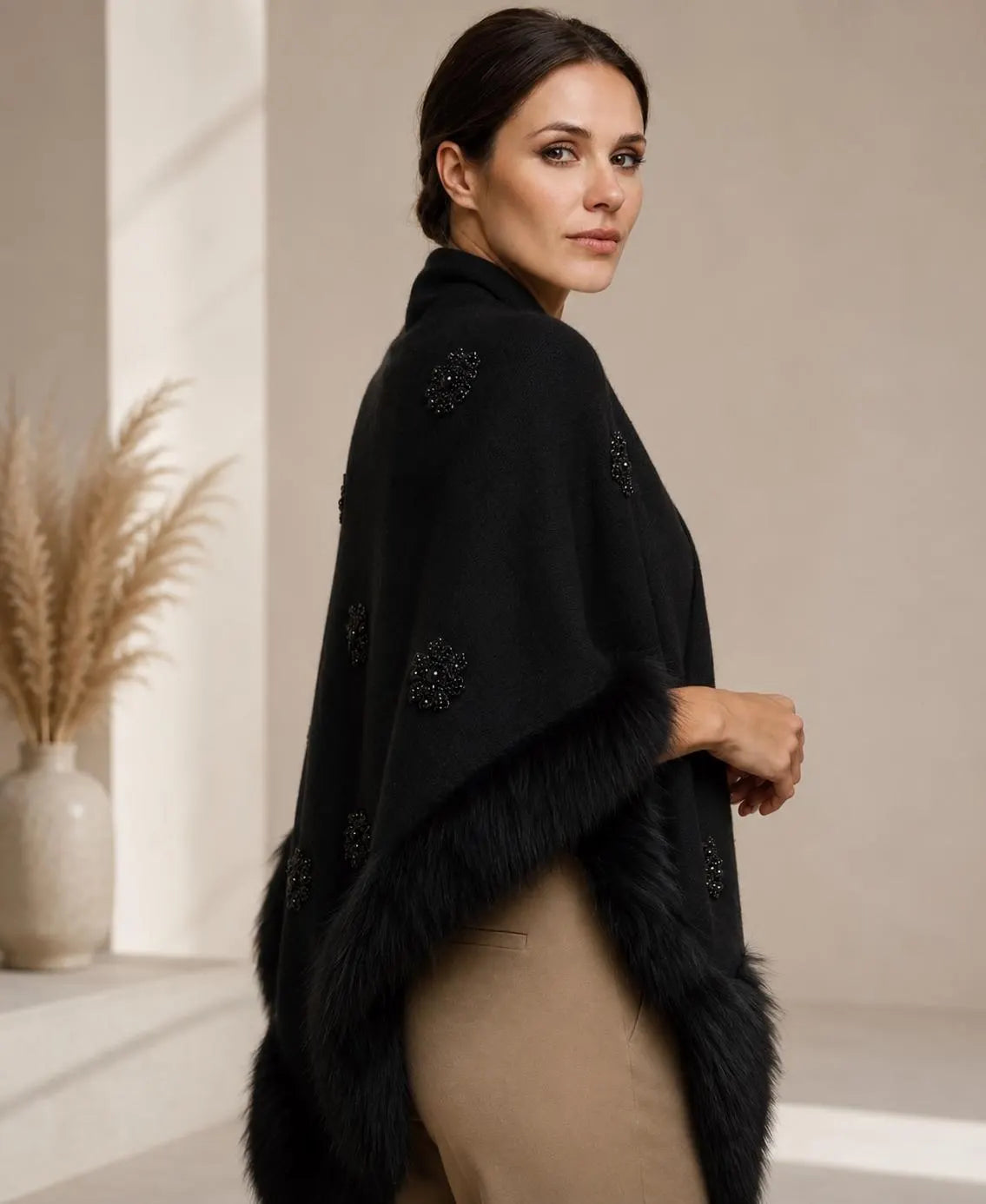 Knit Shawl, Faux Fur Trim Embroidery and Pearl Detailed