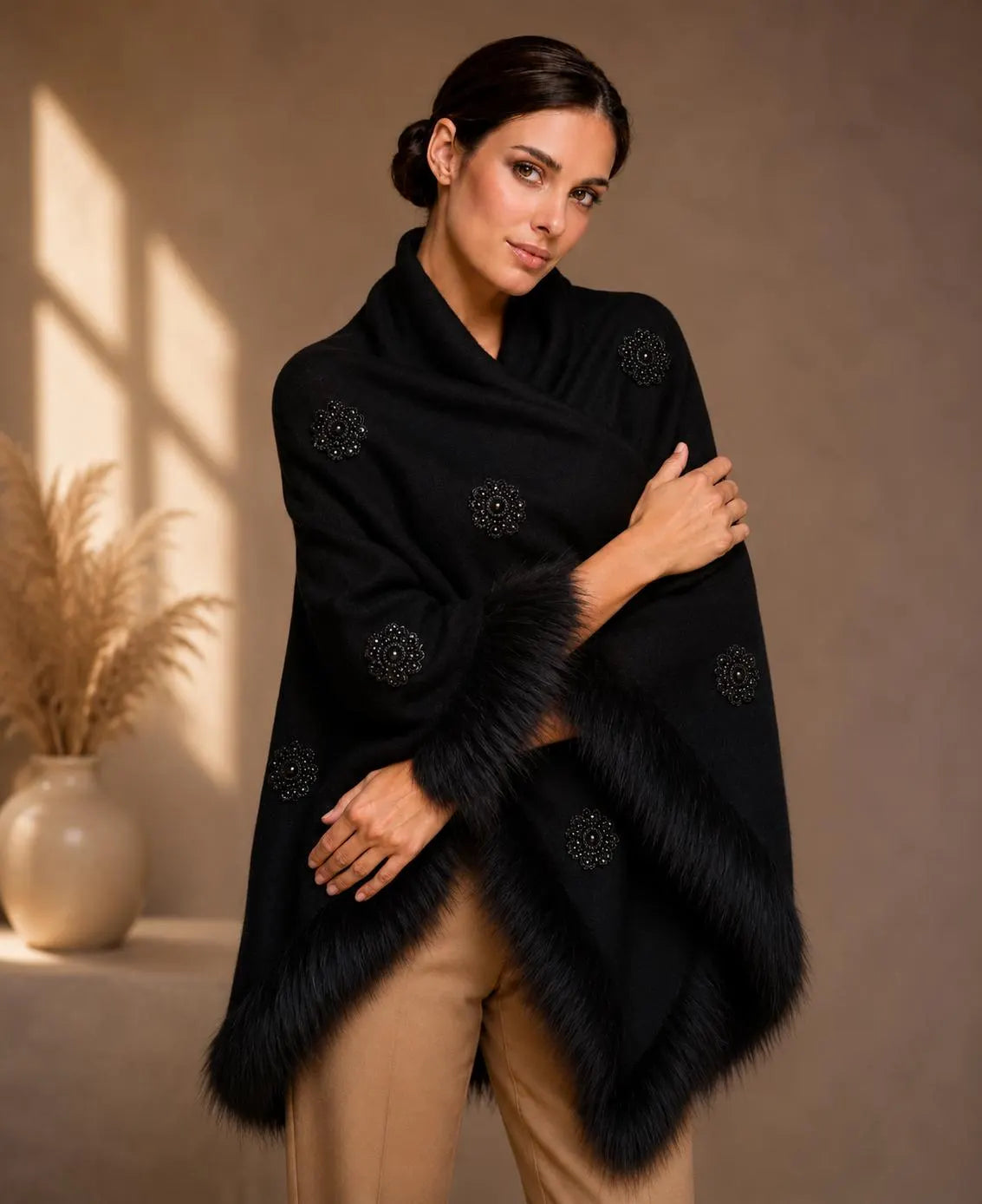 Knit Shawl, Faux Fur Trim Embroidery and Pearl Detailed