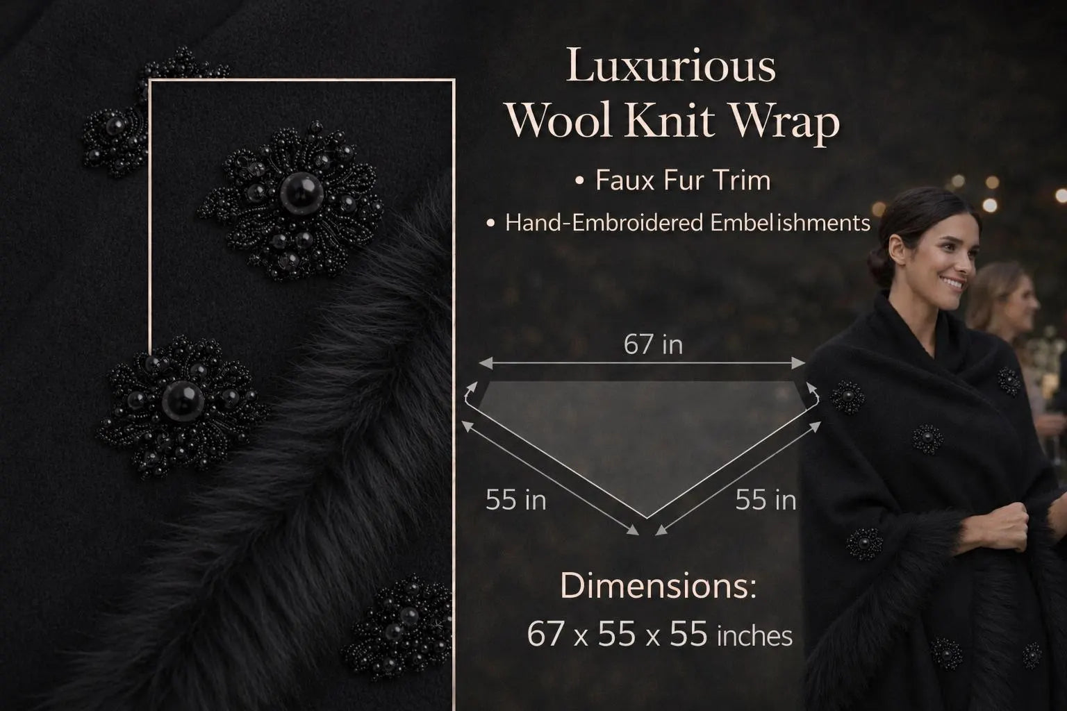 Knit Shawl, Faux Fur Trim Embroidery and Pearl Detailed