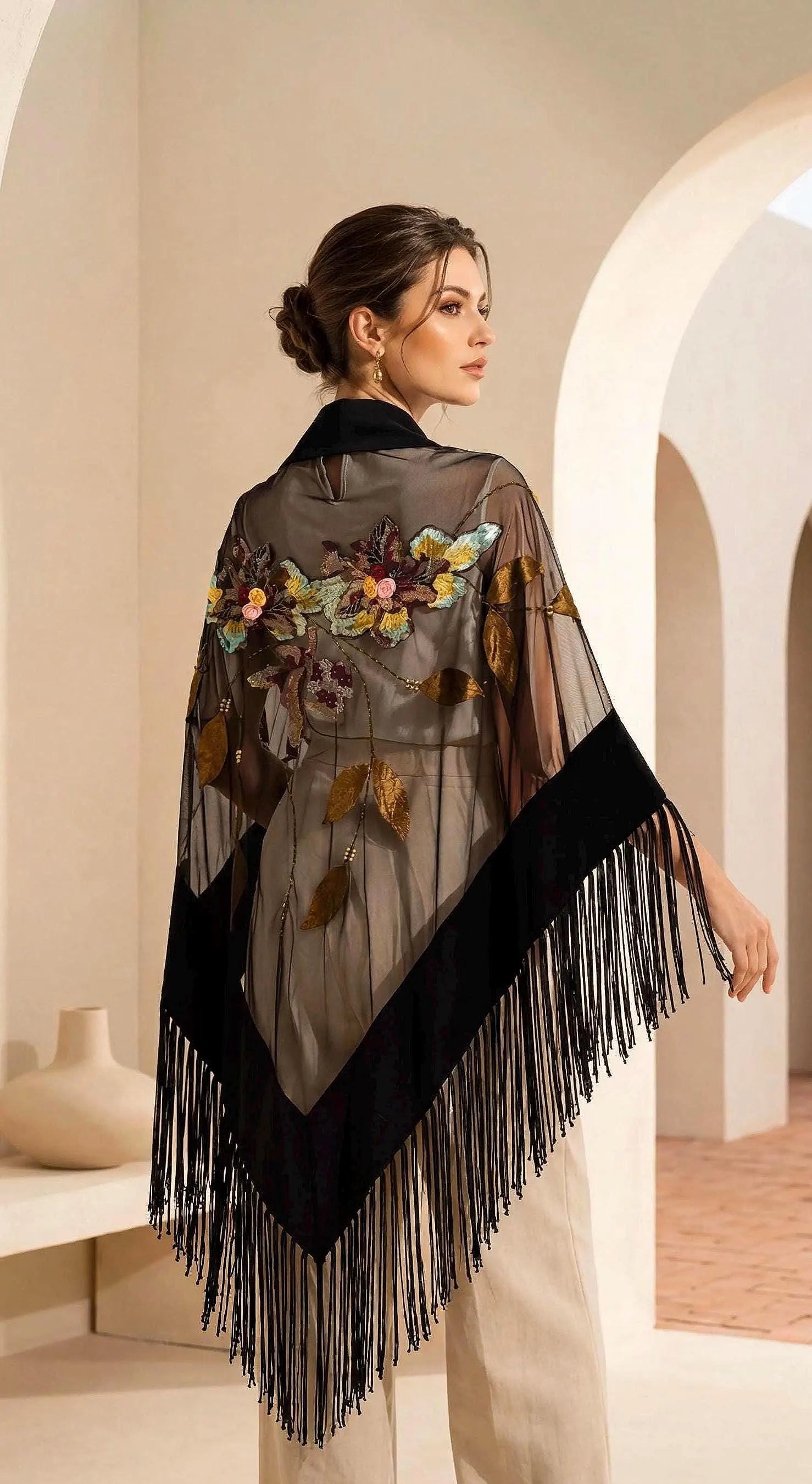 Embroidered Designer Shawl Black Wool and Tulle